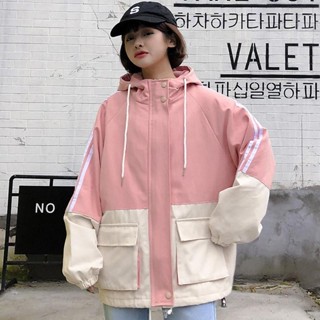 🔥cc精品小屋 衝鋒衣 初秋新款拼色外套女ins韓版寬鬆學生原宿連帽工裝風衣港味棒球服