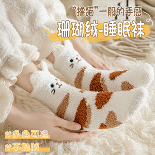 【闆娘推薦 5】珊瑚絨中筒襪子女冬天加厚保暖卡通貓爪襪甜美地闆襪月子睡眠襪子 VMJU