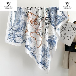 【唯家】春秋斜紋綢絲巾 女90*90cm大方巾 印花條紋圍巾 薄款披肩 防曬絲巾 旅遊頭巾 百搭方巾