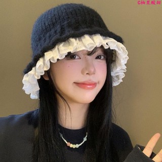 韓版漁夫帽🎀韓系蕾絲花邊針織漁夫帽大頭秋冬季甜美保暖毛線帽顯臉毛線帽子