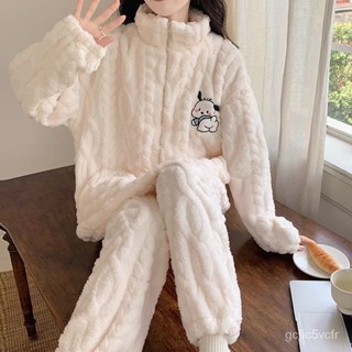 珊瑚絨睡衣女秋冬季加厚加絨可愛卡通拉鏈法蘭絨家居服套裝 睡衣睡褲 睡衣套裝 韓係睡衣 女生居家服 絨毛睡衣 大碼睡衣