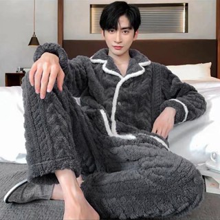 蝸居生活館🔆大尺碼睡衣 睡衣男士冬季加絨加厚法蘭絨保暖秋冬珊瑚絨大碼可外穿套裝家居服 居家服男 珊瑚絨