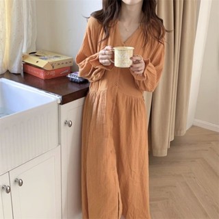 Lam 睡衣 居家服韓國ins復古純色寬松睡衣套裝女秋季長袖V領高級休閑家居服可外穿