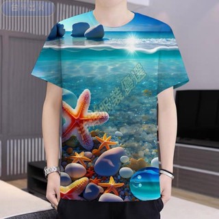 🍇臺灣3D印花🍇夏季海底世界3D印花數碼短袖 圓領帥氣短款潮流 漸變花色休閑寬松短袖 上衣