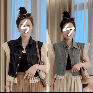 上衣女 設計感 辣妹必備2024夏新款高階感拚接蕾絲邊飛飛袖短款牛仔馬甲女休閒洋氣上衣潮 臺灣熱賣