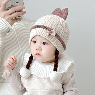 Mini baby🌷 帽子秋冬季毛綫帽女寶寶公主風辮子帽兒童假髮帽子女童針織帽