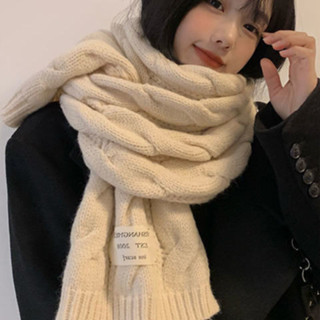 Lam 圍巾 絲巾 披肩白色奶呼呼圍巾女冬季韓版高階感麻花針織粗毛線長款圍脖保暖加厚