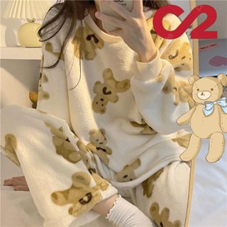 .冬天睡衣 韓版法蘭絨睡衣女冬兩件套ins甜美可愛學生秋冬珊瑚絨刷毛加厚家居服 珊瑚絨睡衣 長袖睡衣 睡衣女 睡袍