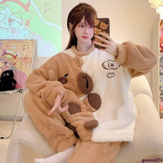 【臺灣出貨】韓版睡衣 厚款 睡袍 保暖 法蘭絨 毛絨睡衣 卡皮巴拉睡衣女秋冬季珊瑚絨加厚保暖卡通可愛長毛絨家居服兩件套