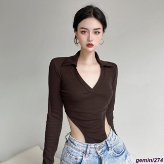 【臺灣出貨】韓版連身衣 連身上衣 長袖連體衣 包屁衣秋季新款拽酷辣妹螺紋翻領純色打底連體衣性感潮流棕色V領長袖T恤