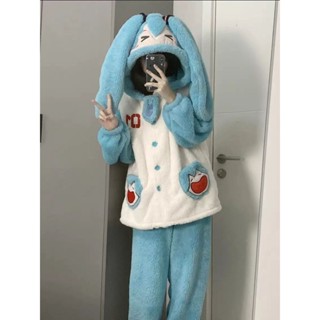 臺灣熱銷🌈秋冬季初音未來珊瑚絨可愛Miku睡衣女加厚保暖卡通軟妹家居服套裝