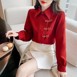 (臺灣出貨)SY新中式復古盤扣紅色長袖襯衫女春季新款韓版氣質寬鬆襯衣今年流行國風上衣翻領上衣