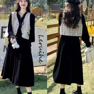 ✨U家女裝✨冬天女裝 秋冬女裝 大尺碼套裝 秋冬套裝 大尺碼女裝 女套裝 小香風馬甲 黑色長裙 連衣裙 氣質顯瘦套裝 R