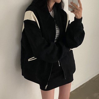 🌺臺灣限時低價🌺2025早春新款撞色衛衣外套女裝寬松慵懶百搭拼接棒球服長袖上衣薄