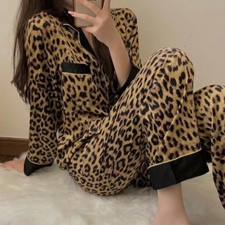 Lam💕睡衣 睡袍 豹紋網紅爆款ins小奶豹睡衣女春秋冬季豹紋長袖少女純欲風家居服套裝