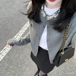 【真的很哇塞~】韓版外套 女生外套 春秋新款上衣 灰色亮片上衣 長袖針織上衣 薄款溫柔風上衣 氣質小香毛衣開衫 氣質上衣
