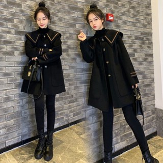 【免運】黑色毛呢外套女中長款春秋新款韓版小個子秋款赫本風毛呢大衣