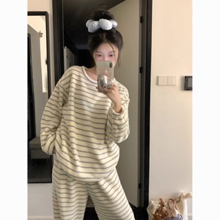see 保暖睡衣 加絨睡衣 居家服 長袖睡衣 珊瑚絨睡衣女冬季加厚保暖韓版簡約條紋法蘭絨寬松家居服套裝學生