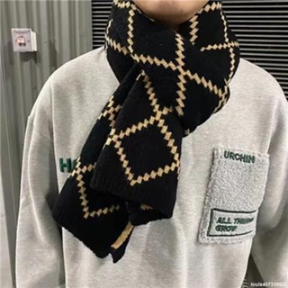泡泡糖的小店-2024新款秋冬季男生日系針織毛線圍巾菱形加厚保暖百搭男士圍脖潮