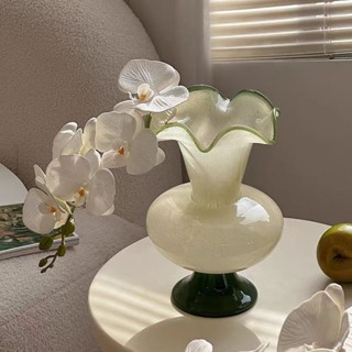 熱賣 綠色芬頓中古玻璃花瓶擺件ins風 波浪花邊花瓶插花高階感裝飾品0110