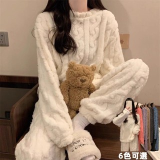 新竹出貨♕【6色可選】秋冬少女素色毛絨牛奶絨珊瑚絨睡衣套裝甜美法蘭絨毛茸茸珊瑚絨家居服可外穿保暖睡衣睡褲兩件套睡衣女