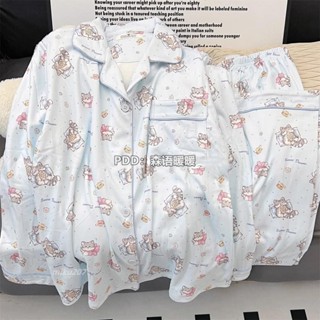 臺灣熱銷🌈【777人收藏】新款可愛貓咪德絨睡衣女秋冬開衫甜美學生加厚保暖印花家居服套裝