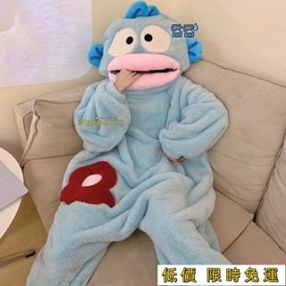 低價免運💖醜魚漢頓可愛搞怪連體情侶睡衣男女冬季加絨加厚珊瑚絨卡通家居服