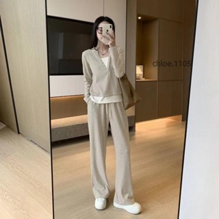 【免運】時尚運動休閒套裝 春秋新款 減齡寬鬆顯瘦連帽長袖上衣+高腰隨性直筒袖 慵懶居家套裝 簡約通懃 韓版 潮