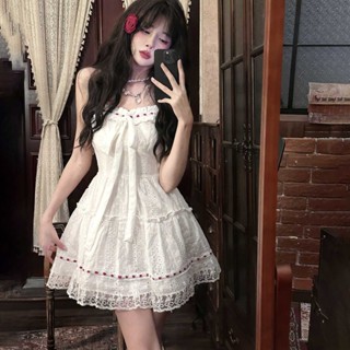 🔥熱銷爆款 2025夏季夢境芭蕾少女白色蕾絲鏤空甜美短款吊帶連衣裙