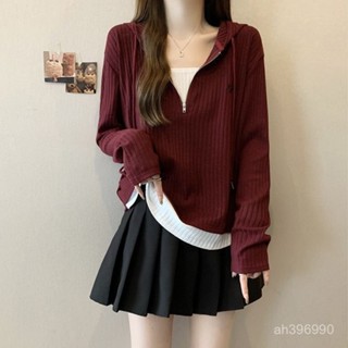 🌸可可裡🌸大碼紋理感坑條假兩件連帽上衣女2024秋季新款寬鬆顯瘦長袖T恤女