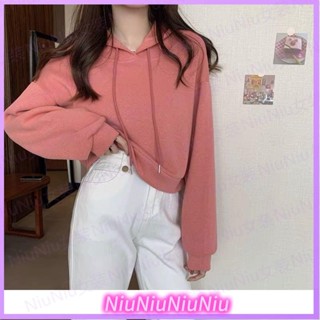 【Niu大碼】女短版連帽薄款寬鬆新款韓版高腰套頭長袖大學T上衣潮ins女上衣上衣短板長袖 薄長袖女長袖女女生上衣女生衣