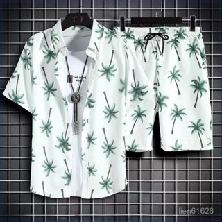 🔥無畏🔥夏季沙灘套裝 男士短袖 襯衫 大碼 寬鬆 夏威夷速幹 休閒短褲 男 情侶套裝