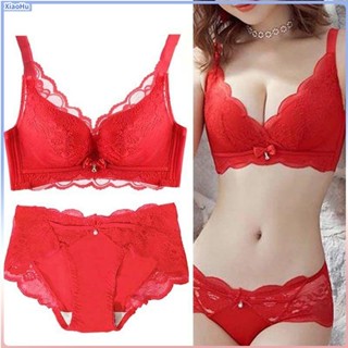 XiaoHu💕紅色內衣女套裝 本命年無鋼圈內衣 小胸集中爆乳內衣 性感蕾絲內衣 上託調整型收副乳內衣