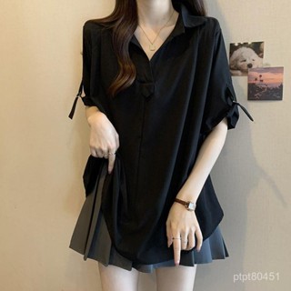 大尺碼女裝 夏裝 短袖 T恤 韓版加肥加大碼2-300斤胖mm短袖襯衫夏季百搭遮肉顯瘦別緻V領上衣