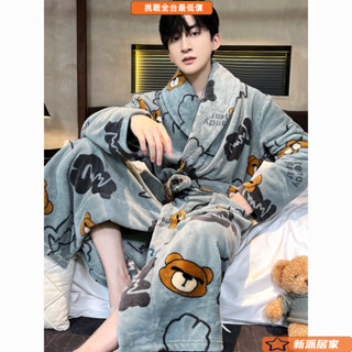 浴袍 家居服 睡衣 睡袍 可愛情侶睡衣 溫泉浴袍 睡袍睡衣男秋冬季加厚珊瑚絨大碼外穿浴袍保暖長袖春秋法蘭絨新款