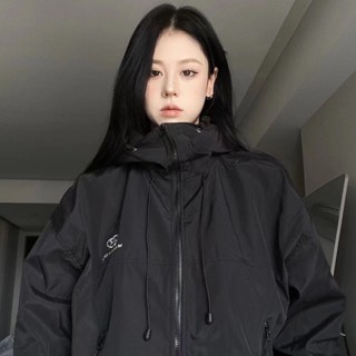 Meet.You.新款美式字母牛油果綠刺繡戶外機能連帽衝鋒衣拉鏈連帽潮牌夾剋外套