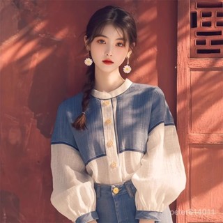 【PE】藍色拚接圓領長袖襯衫女裝秋季設計感簡約時尚別緻超好看上衣