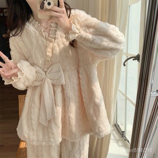 【PE】珊瑚絨睡衣女冬季公主風花邊蝴蝶結提花秋冬款加絨加厚法蘭絨毛絨