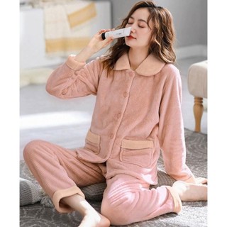 泡泡糖的小店-睡衣女秋冬季翻領冬款珊瑚絨加厚加絨保暖法蘭絨可外穿家居服套裝