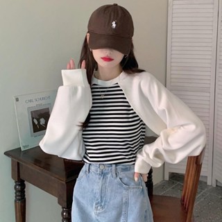 [Jaylee]假兩件上衣 美式條紋 衛衣女潮ins設計感上衣 慵懶風 寬鬆上衣 春秋新款 長袖上衣 純棉t恤 長袖t恤