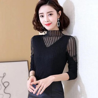 蕾絲打底上衣 加絨打底衫 2022秋冬新款女裝網紗洋氣內搭蕾絲上衣加絨加厚打底衫女百搭t恤 針織打底 蕾絲內搭