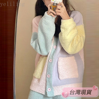 Twiggie❥睡衣居家服冰絲睡衣居家服家居睡衣睡衣套裝薄紗新款甜美撞色珊瑚絨睡衣女秋冬季加絨加厚保暖糖果家居