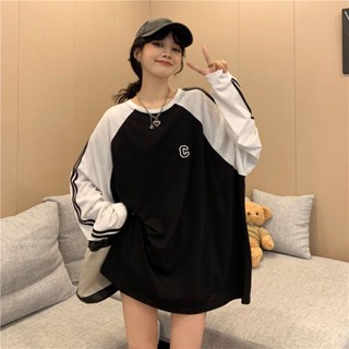 Meet.You.大碼300斤撞色拚接字母套頭T恤防曬衣女夏季胖MM寬鬆長袖薄款上衣