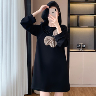 國風新中式休閑衛衣女長袖秋季新款寬松蜻蜓拼接連衣裙中長款t恤 大尺碼洋裝 中國風 改良漢服 中國風服飾 洋裝 漢服 大學
