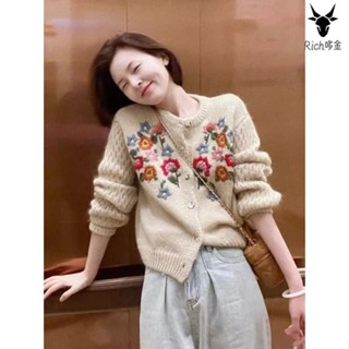 ~針織毛衣 小外套 外套 毛衣 毛衣外套 歐貨重工洋氣小個子刺繡小花朵針織毛衣外套小香風秋冬季女裝
