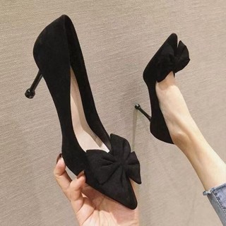 KEKE潮流店(鞋服包)🌸-大蝴蝶結高跟鞋 春秋法式淺口女鞋 黑色尖頭細跟鞋 通勤不累高跟鞋 細跟鞋 職業女鞋 高跟鞋