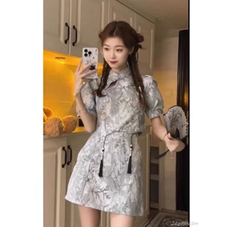⚡臺灣出貨 新中式套裝 國風改良套裝 夏季新款中式套裝 改良旗袍泡泡袖上衣 碎花半身裙 小個子兩件套 新中式女裝