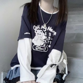 可愛上衣女新款寬鬆學生卡通設計感假兩件長袖T恤女ins潮