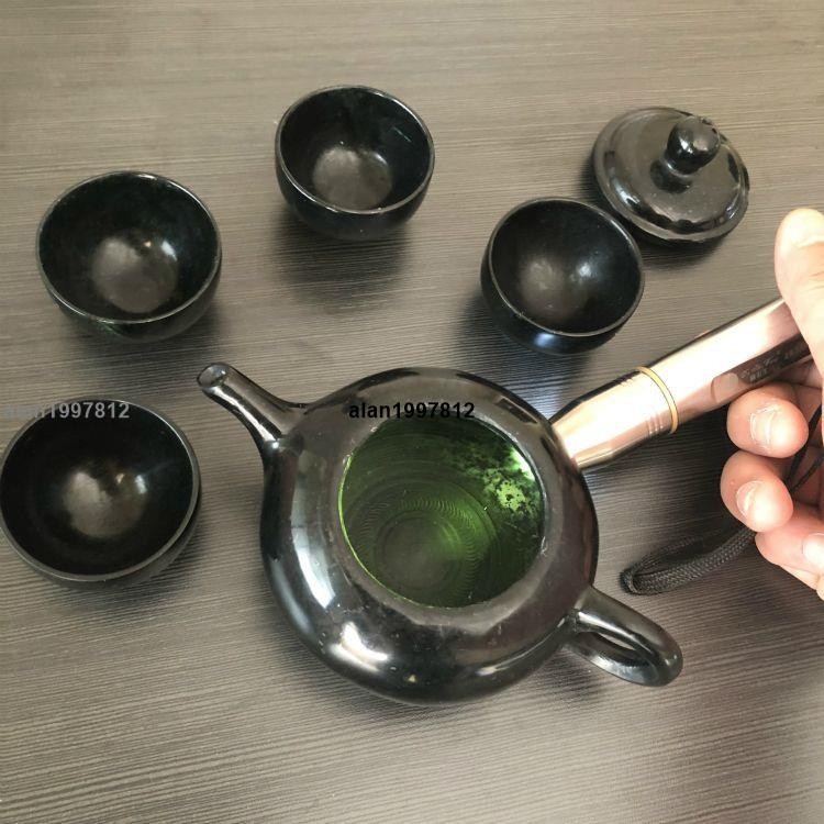新品*熱銷*天然墨玉茶壺活磁玉壺養生玉石酒杯茶杯蛇紋石水壺套裝墨綠玉壺