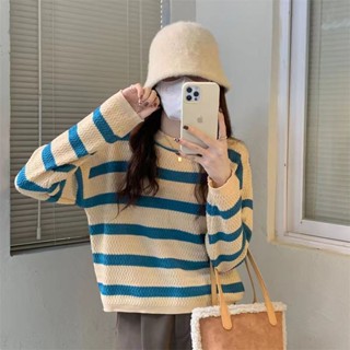毛衣 針織 早秋季新款2024年條紋長袖針織衫女裝寬鬆上衣溫柔系穿搭毛衣內搭